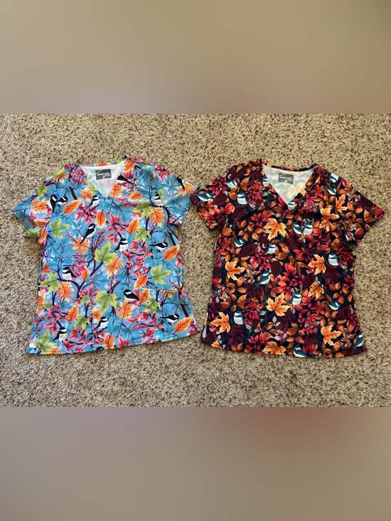 Butter Soft Tops - Butter-Soft Stretch Fall Printed Scrub Top- Set Of Three Tops